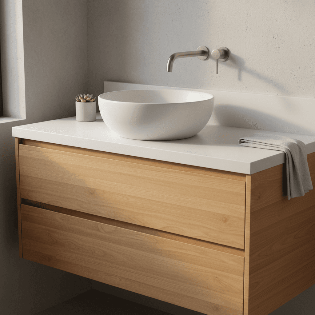 Meuble vasque installé dans une salle de bain neuve
