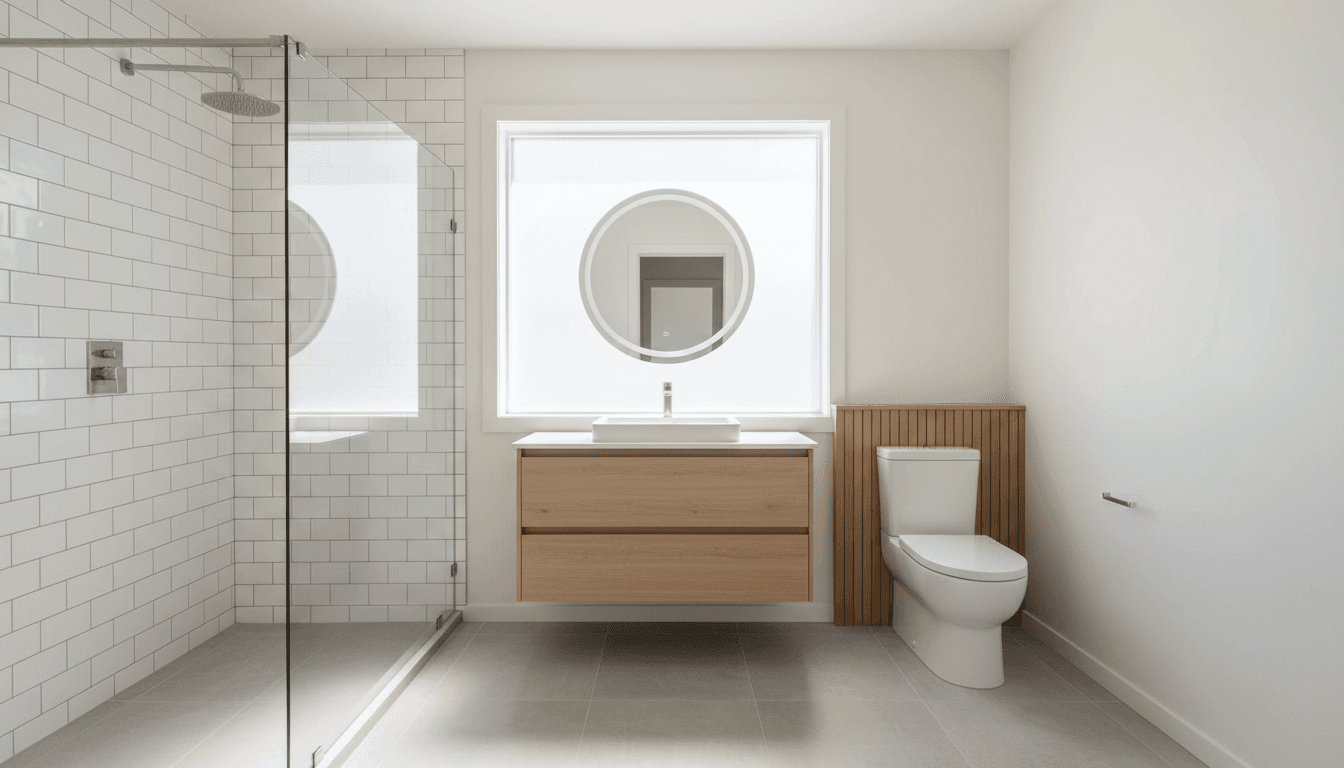 Salle de bain neuve et vide, prête à être utilisée, dans une maison en construction à Saintes